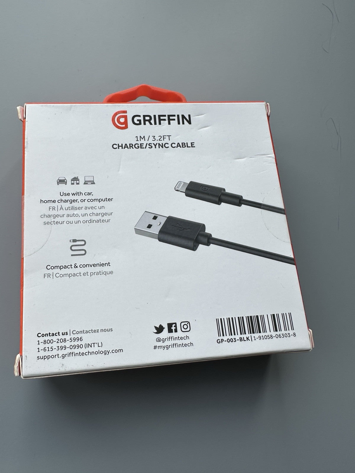 Griffin MFI Approved 1M (3.2FT) for iPhone|ipad|ipod Cable Black,Brand New